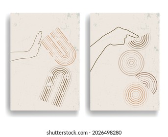 Afiche moderno con elementos de diseño minimalista y manos en estilo Boho . Arte mural, deco doméstico. Forma abstracta del vector.