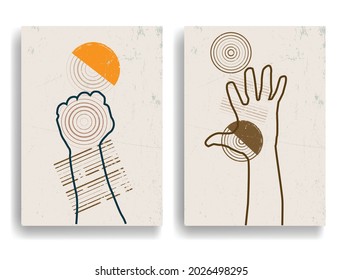 Modern poster with minimalist design elements and hands in Boho style  . Wall art , home deco . Vector abstract shape.