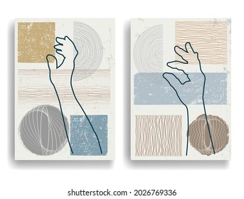 Modern poster with minimalist design elements and hands in Boho style  . Wall art , home deco . Vector abstract shape.