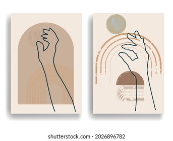 Modern poster with minimalist design elements and hands in Boho style  . Wall art , home deco . Vector abstract shape.