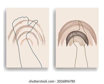 Modern poster with minimalist design elements and hands in Boho style  . Wall art , home deco . Vector abstract shape.
