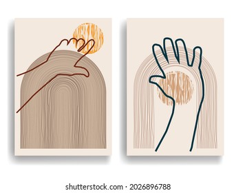 Modern poster with minimalist design elements and hands in Boho style  . Wall art , home deco . Vector abstract shape.