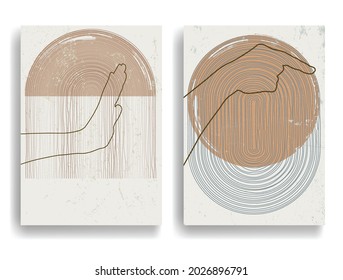 Modern poster with minimalist design elements and hands in Boho style  . Wall art , home deco . Vector abstract shape.