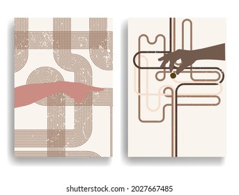 Modern poster with minimalist design elements . Retro lines and hands in Boho style  . Wall art , home deco . Vector abstract shape.