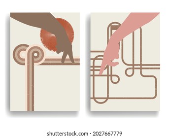 Modern poster with minimalist design elements . Retro lines and hands in Boho style  . Wall art , home deco . Vector abstract shape.
