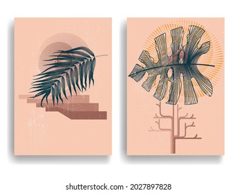 Modern poster with minimalist design elements . Retro lines and leaves in Boho style  . Wall art , home deco . Vector abstract shape.