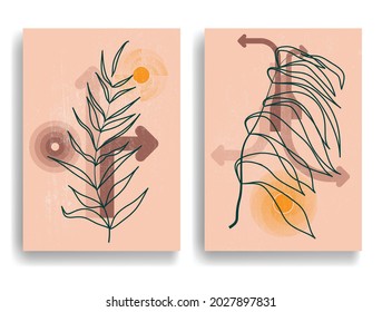Modern poster with minimalist design elements . Retro lines and leaves in Boho style  . Wall art , home deco . Vector abstract shape.