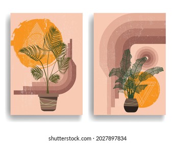 Modern poster with minimalist design elements . Retro lines and leaves in Boho style  . Wall art , home deco . Vector abstract shape.