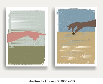 Modern poster with minimalist design elements and hands in Boho style  . Wall art , home deco . Vector abstract shape.