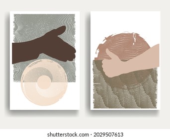 Afiche moderno con elementos de diseño minimalista y manos en estilo Boho . Arte mural, deco doméstico. Forma abstracta del vector.