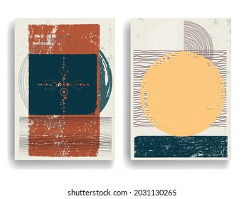 Modern poster with minimalist design elements . Grunge textured circle and arch in Boho style  . Wall art , home deco . Vector abstract shape.