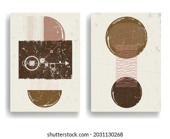 Modern poster with minimalist design elements . Grunge textured circle and arch in Boho style  . Wall art , home deco . Vector abstract shape.