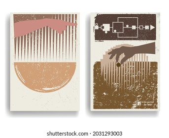 Modern poster with minimalist design elements and hands in Boho style  . Wall art , home deco . Vector abstract shape.