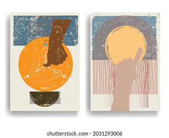 Modern poster with minimalist design elements and hands in Boho style  . Wall art , home deco . Vector abstract shape.