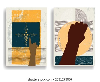 Modern poster with minimalist design elements and hands in Boho style  . Wall art , home deco . Vector abstract shape.