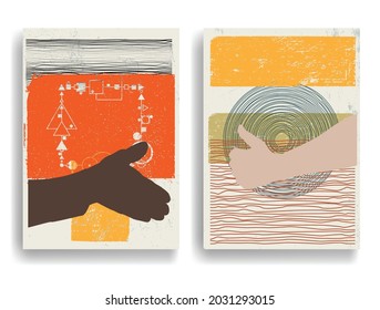 Modern poster with minimalist design elements and hands in Boho style  . Wall art , home deco . Vector abstract shape.