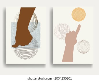 Afiche moderno con elementos de diseño minimalista y manos en estilo Boho . Arte mural, deco doméstico. Forma abstracta del vector.