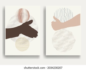 Modern poster with minimalist design elements and hands in Boho style  . Wall art , home deco . Vector abstract shape.