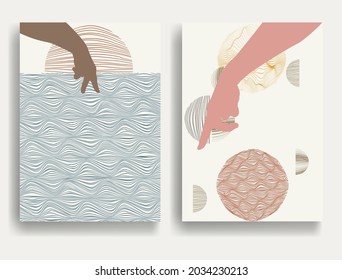 Afiche moderno con elementos de diseño minimalista y manos en estilo Boho . Arte mural, deco doméstico. Forma abstracta del vector.