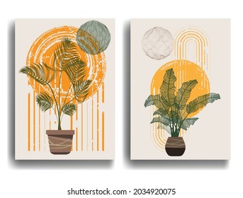 Modern poster with minimalist design elements . Grunge textured circles in Boho style  . Wall art , home deco . Vector abstract shape.