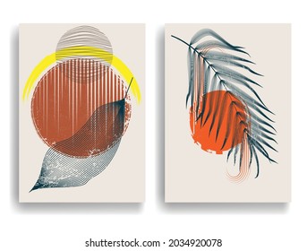 Modern poster with minimalist design elements . Grunge textured circles in Boho style  . Wall art , home deco . Vector abstract shape.