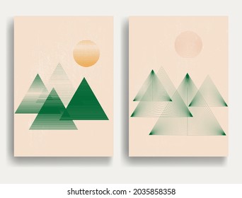 Modern poster with minimalist design elements . Sunset and pine trees . Boho style  . Wall art , home deco . Vector abstract shape.