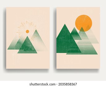 Modern poster with minimalist design elements . Sunset and pine trees . Boho style  . Wall art , home deco . Vector abstract shape.