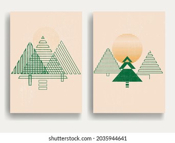  Modern poster with minimalist design elements . Sunset and pine trees . Boho style . Wall art , home deco . Vector abstract shape.