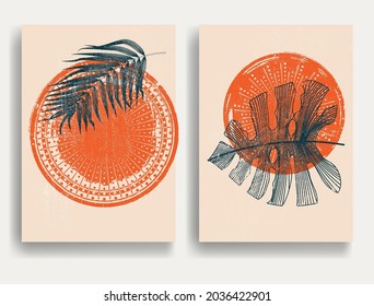 Afiche moderno con elementos de diseño minimalista. Grunge círculos texturados al estilo Boho . Arte mural, deco doméstico. Forma abstracta del vector.