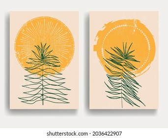 Modern poster with minimalist design elements . Grunge textured circles in Boho style  . Wall art , home deco . Vector abstract shape.