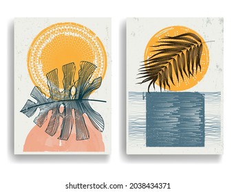 Afiche moderno con elementos de diseño minimalista. Grunge círculos texturados al estilo Boho . Arte mural, deco doméstico. Forma abstracta del vector.