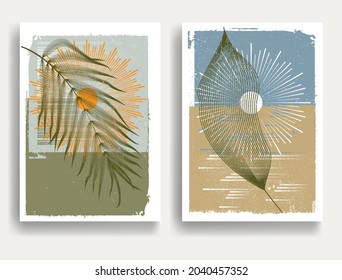 Modern poster with minimalist design elements . Grunge textured circles in Boho style  . Wall art , home deco . Vector abstract shape.