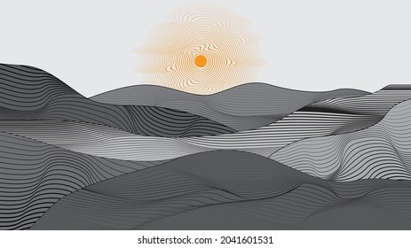 Modern poster with minimalist design elements . mountains and sunset in Boho style  . Wall art , home deco . Vector abstract shape.