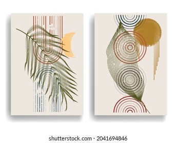 Modern poster with minimalist design elements . Grunge textured circles in Boho style  . Wall art , home deco . Vector abstract shape.