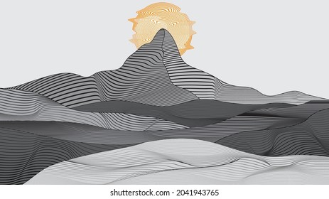 Modern poster with minimalist design elements . mountains and sunset in Boho style . Wall art , home deco . Vector abstract shape.