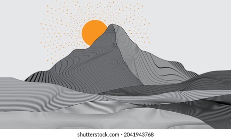 Afiche moderno con elementos de diseño minimalista. montañas y puesta de sol al estilo Boho . Arte mural, deco doméstico. Forma abstracta del vector.