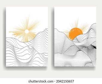 Afiche moderno con elementos de diseño minimalista. montañas y puesta de sol al estilo Boho . Arte mural, deco doméstico. Forma abstracta del vector.