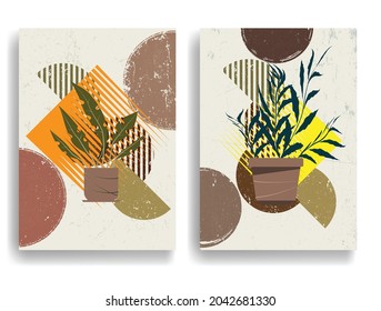 Modern poster with minimalist design elements . Grunge textured circles in Boho style  . Wall art , home deco . Vector abstract shape.
