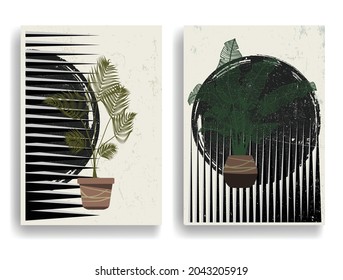 Modern poster with minimalist design elements . Grunge textured circles in Boho style  . Wall art , home deco . Vector abstract shape.