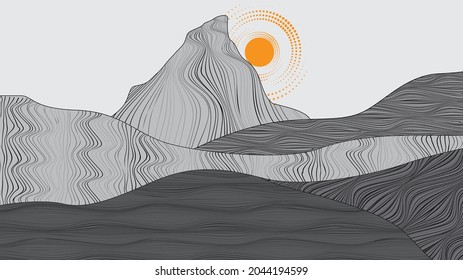 Modern poster with minimalist design elements . mountains and sunset in Boho style . Wall art , home deco . Vector abstract shape.