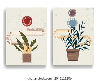 Modern poster with minimalist design elements . Grunge textured circles in Boho style  . Wall art , home deco . Vector abstract shape.