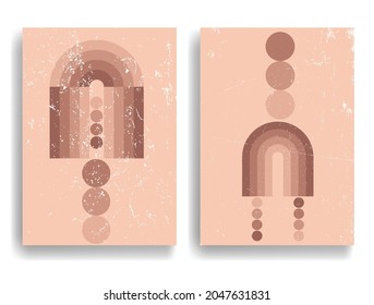 Afiche moderno con elementos de diseño minimalista. Líneas y círculos retro al estilo Boho . Arte mural, deco doméstico. Forma abstracta del vector.