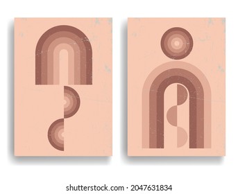 Afiche moderno con elementos de diseño minimalista. Líneas y círculos retro al estilo Boho . Arte mural, deco doméstico. Forma abstracta del vector.