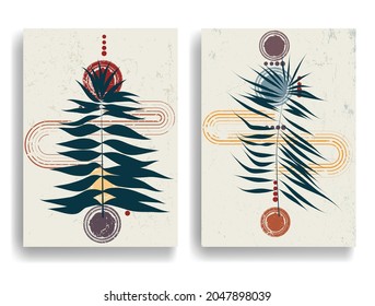 Modern poster with minimalist design elements . Grunge textured circles in Boho style  . Wall art , home deco . Vector abstract shape.