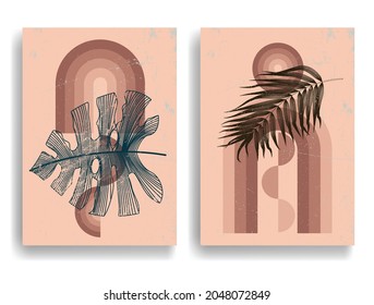 Modern poster with minimalist design elements . Retro lines in Boho style  . Wall art , home deco . Vector abstract shape.