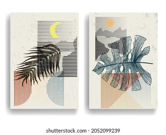 Modern poster with minimalist design elements . Various shapes in Boho style  . Wall art , home deco . Vector abstract shape.
