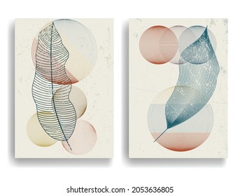 Modern poster with minimalist design elements . Botanical art. Backgrounds in Boho style  . Wall art , home deco . Contemporary posters with leaves and geometric shapes .Vector abstract brochure.