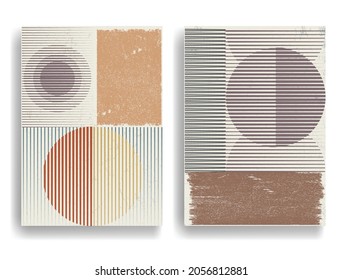Modern poster with minimalist design elements . Grunge textured circles in Boho style  . Wall art , home deco . Vector abstract shape. Modern art .