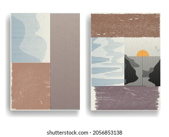 Modern poster with minimalist design elements . Grunge textured circles in Boho style  . Wall art , home deco . Vector abstract shape. Modern art .