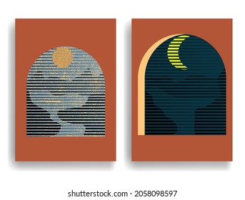 Afiche moderno con elementos de diseño minimalista. Ventana y arco al estilo Boho . Arte mural, deco doméstico. Forma abstracta del vector. Diseño de arte moderno.
